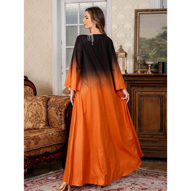 Middle East Cross-Border Amazon Women Clothes Dubai Dress Elegant Soft Light Satin Fixed Beads Gradient Robe Dress