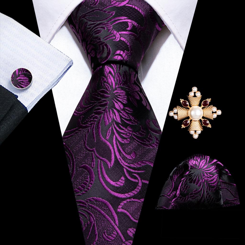 Pearl Brooch with Silk Tie for Men Vintage Floral Teal Necktie Hanky Cufflinks Gift Formal Set