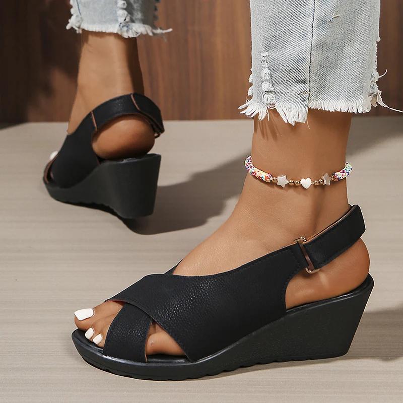 Fashion Rome Style Cross Strap Balck Wedge Sandals Women New Back Strap High Heel Sandal Woman Summer 2025 Peep Toe Pu Leather Mujer