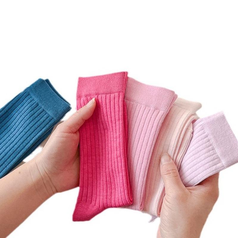 Female Summer Thin Simple Pure Color All Build Vertical Bar Wicking High Tube Cotton Socks