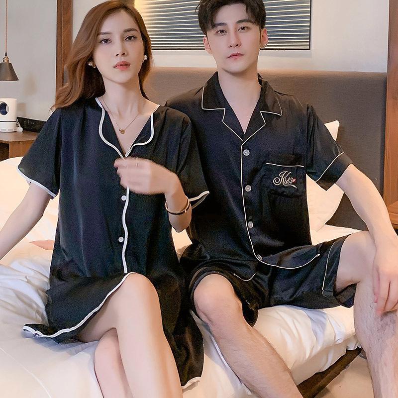 Couple pajamas women's spring and summer ice silk short-sleeved nightgown thin men's cardigan can be worn outside loungewear suit summer
