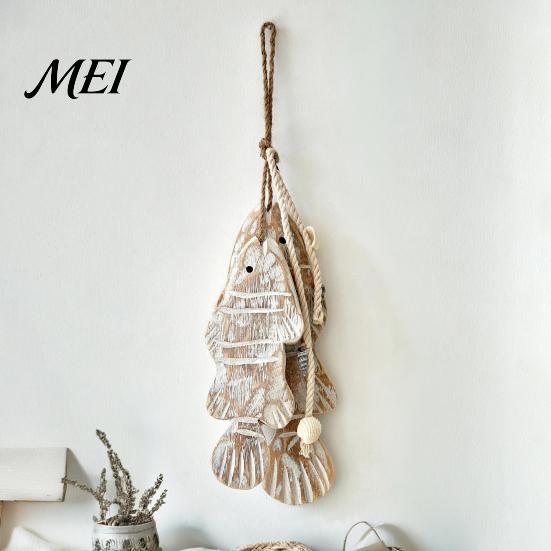 School Classroom Wall Art Rustic Nautical Wooden Fish Decor, Coastal Beach Style Hanging Unique Housewarming Gifts Ornament with Fishing Net for Lake