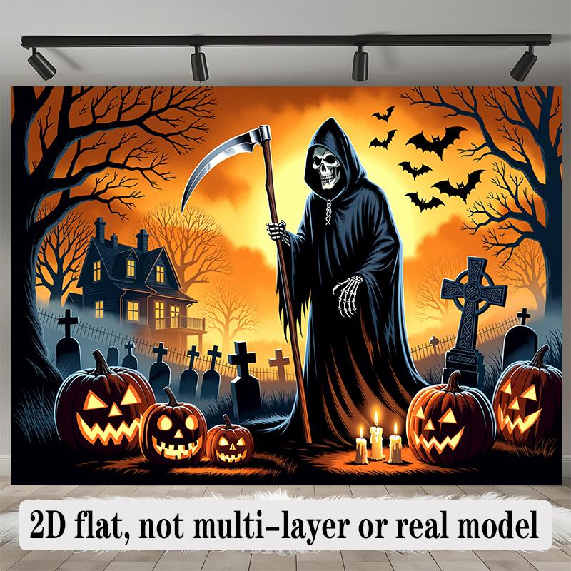 Party Backdrop Halloween Flat Banners Spooky Pumpkins Grim Reaper Ghostly House Celebration Photo Booth Front Door Decor