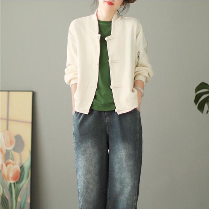 Freizeitjacke im chinesischen Stil mit Retro-Schnalle für Damen, künstlerischer Kurzstil, locker übergroß, Baseballjacke, Strickjacke