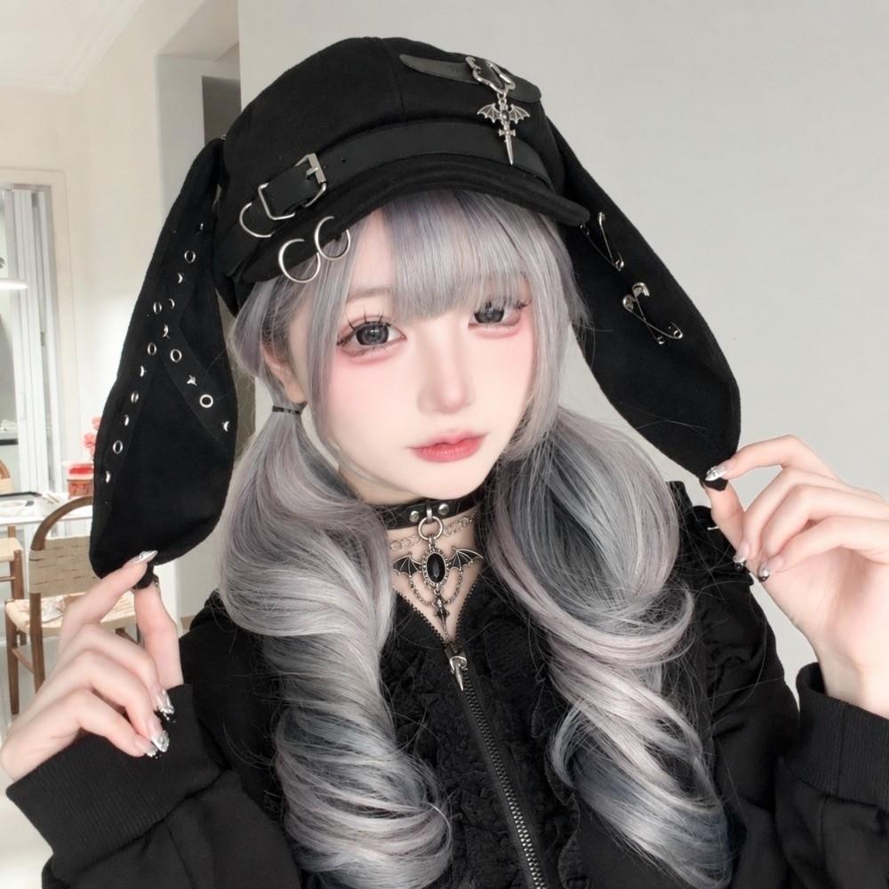 Rivet Buckle Long Rabbit Ears Beret Solid Color Chic Octagonal Hat Gothic Punk Hat for Girls