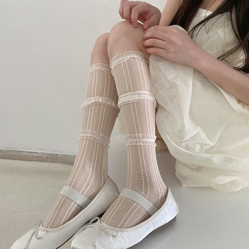 Womens Knee High Socks Girls Lace Layered Stockings Tight Socks Japanese Style Lace Socks for Skirt Shorts