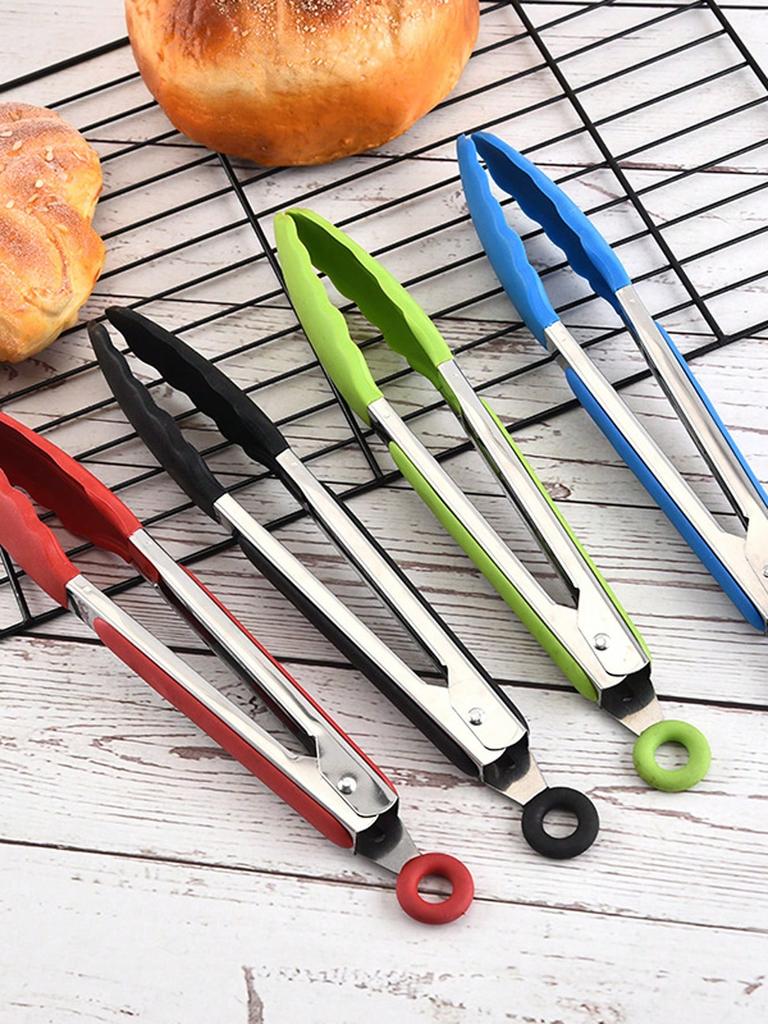 7.8Inch Silicone BBQ Grilling Tong Stainless Steel Food Clip Non-slip Cooking Clip Salad Bread Serving Tools Kitchen Accessories