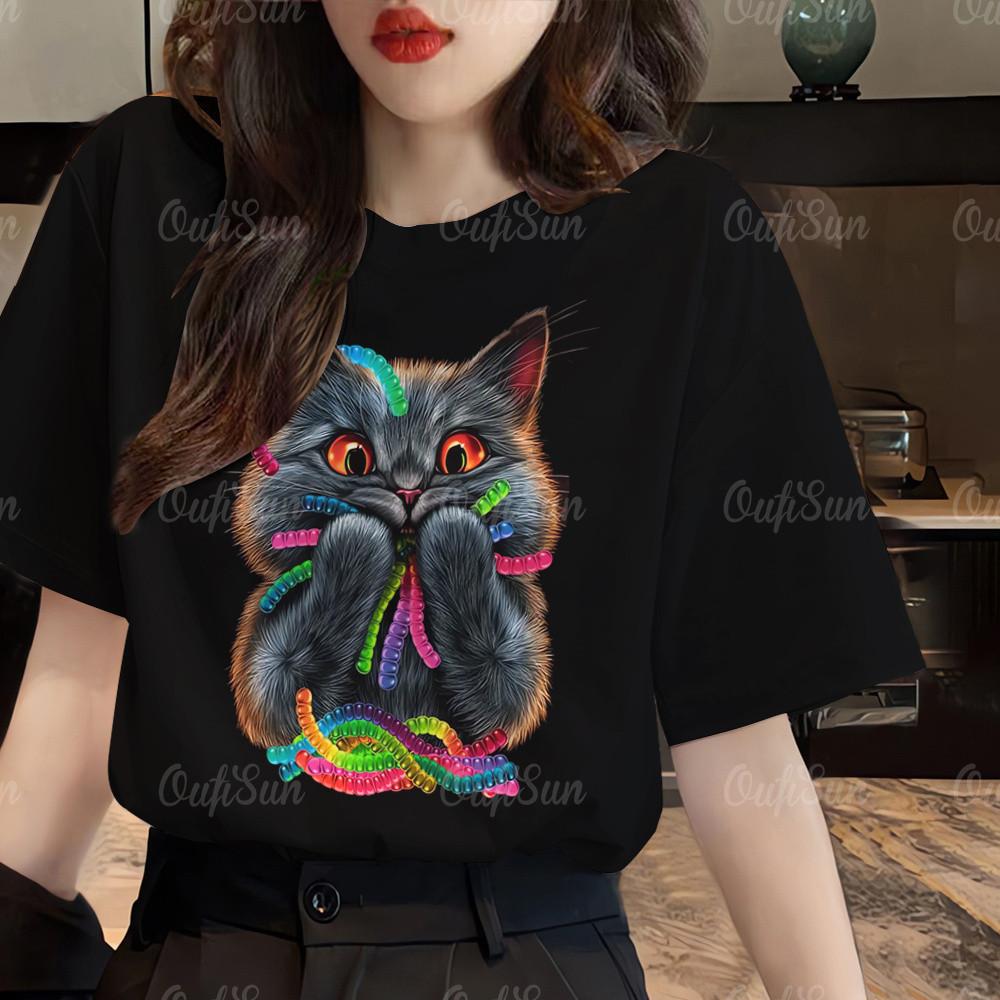 

Women s cat printed T-shirt, Korean dress, short sleeved shirt, plus size 6XL