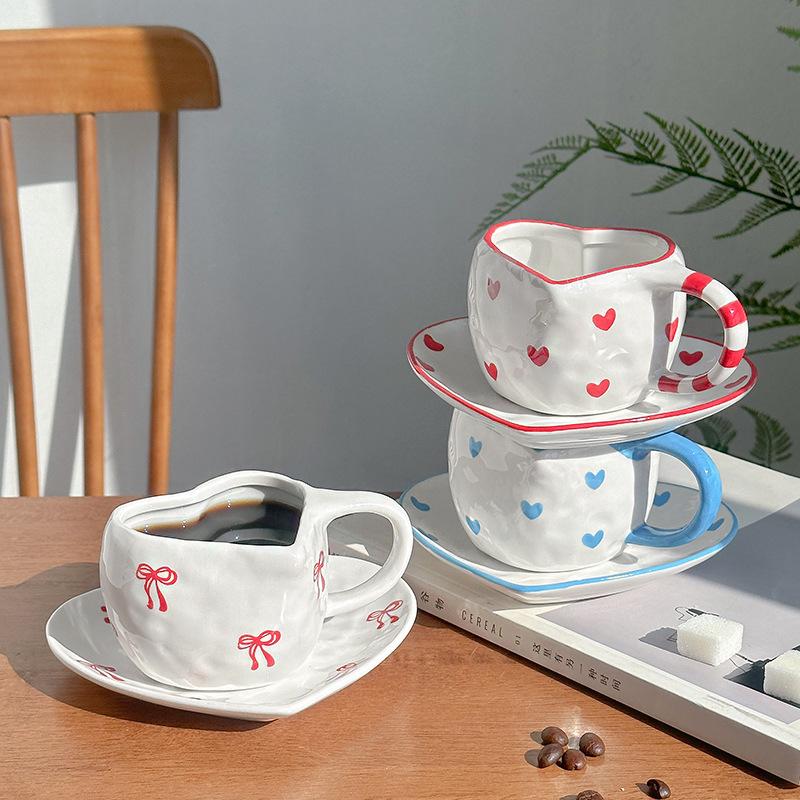 Korean Style Retro Love Ceramic Cups and Saucers, Hand-squeezed Irregular Heart-shaped Coffee Cups and Saucers, Afternoon Tea Cups and Saucers
