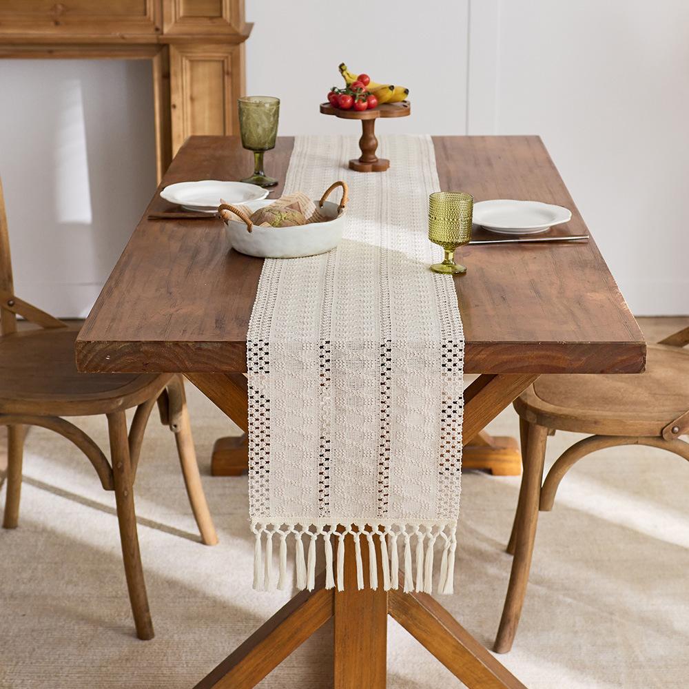 Runner da Tavola Intrecciato in Cotone con Nappe Color Crema Decorazione Tavola in Tessuto Stile Bohemien Country Farmhouse Versatile per Tavolino da Caffè Tavolo da Pranzo