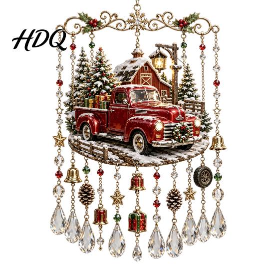 Clear Faceted Crystal Pendant Christmas Wind Chime with Bead Chain Cat Car/Owl Xmas Tree Ornaments Pattern Design Retro Hanging Ornament for