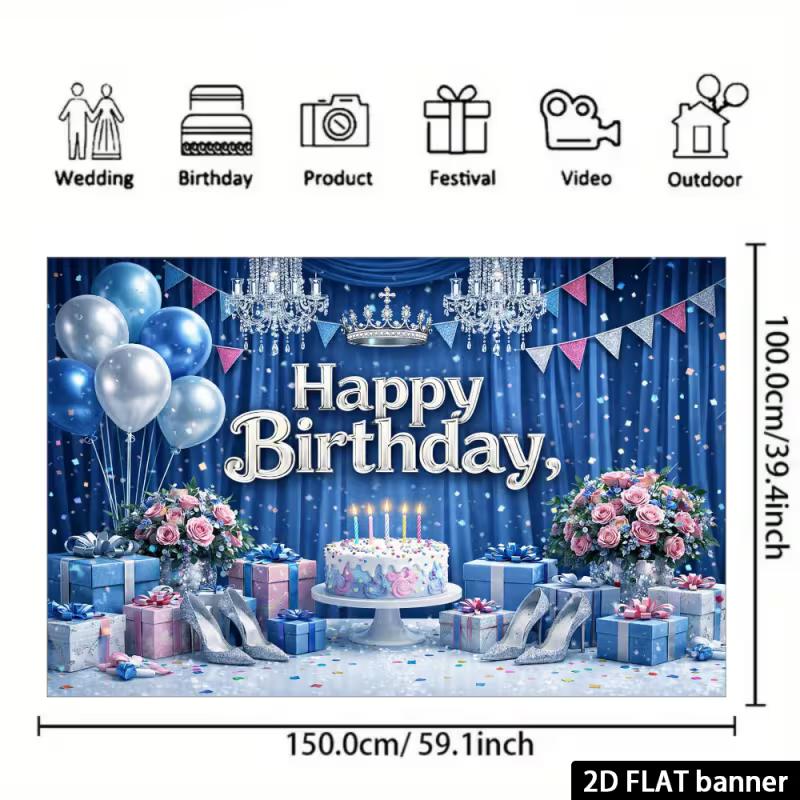 Princess Themed Birthday Tapestry, Blue Curtains with Balloons, Gifts and High Heels for Photo Booth