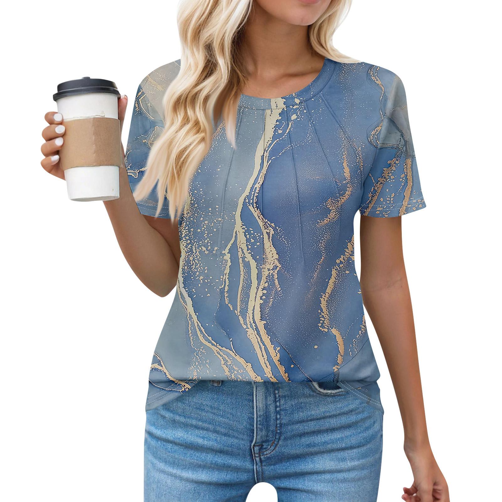 

T Shirts For Women Pleated Round Neck Dressy Casual Blouses Printing Short Sleeve Summer Tops Loose Fit L