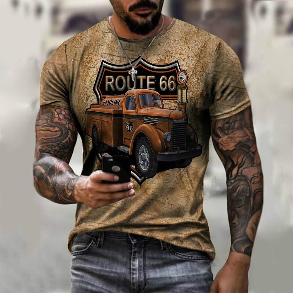 Summer New 3D Printed US Route 66 Cool Round Neck Men's T-shirt