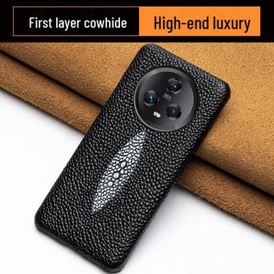 כיסוי מגן יוקרתי מעור אמיתי עבור Honor Magic5/Magic5Pro עם דפוס דגי פנינת עור פרה.