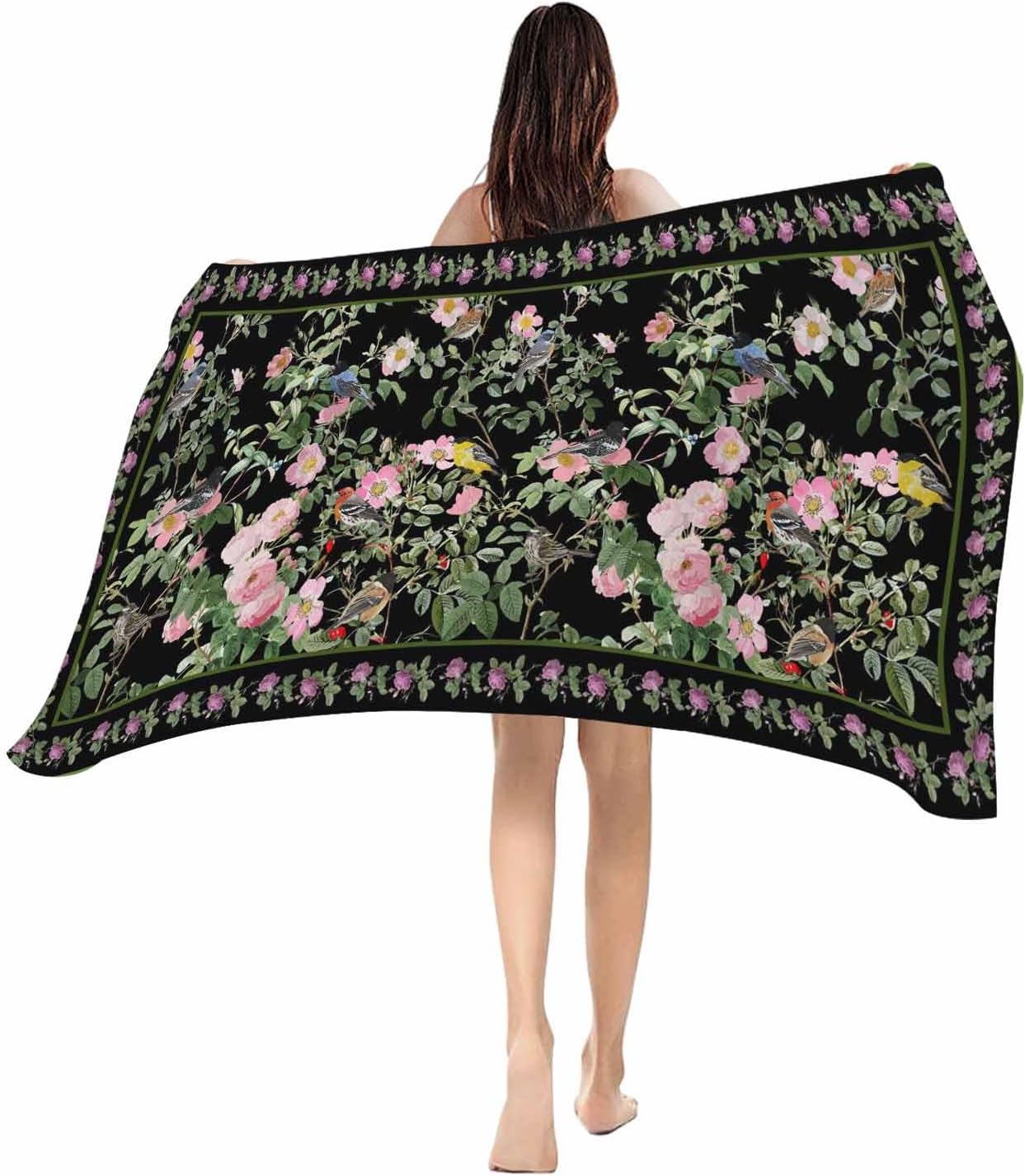 

Beach Towel Pink Floral Bird Bath Pool Towels Green Leaves Branches Navy Blue Soft Absorbent Beach Towel Lightweight Large Quick W40*H60(CM)