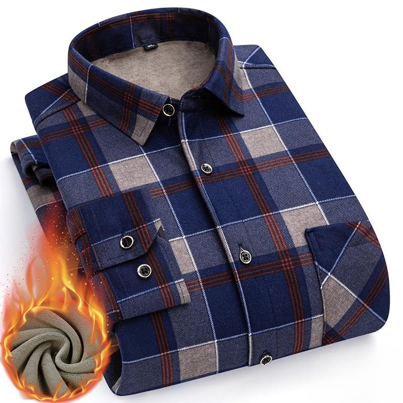 Men's Fleece-Lined Long-Sleeve Shirt Plaid Warm Thickened Shirt for Autumn and Winter