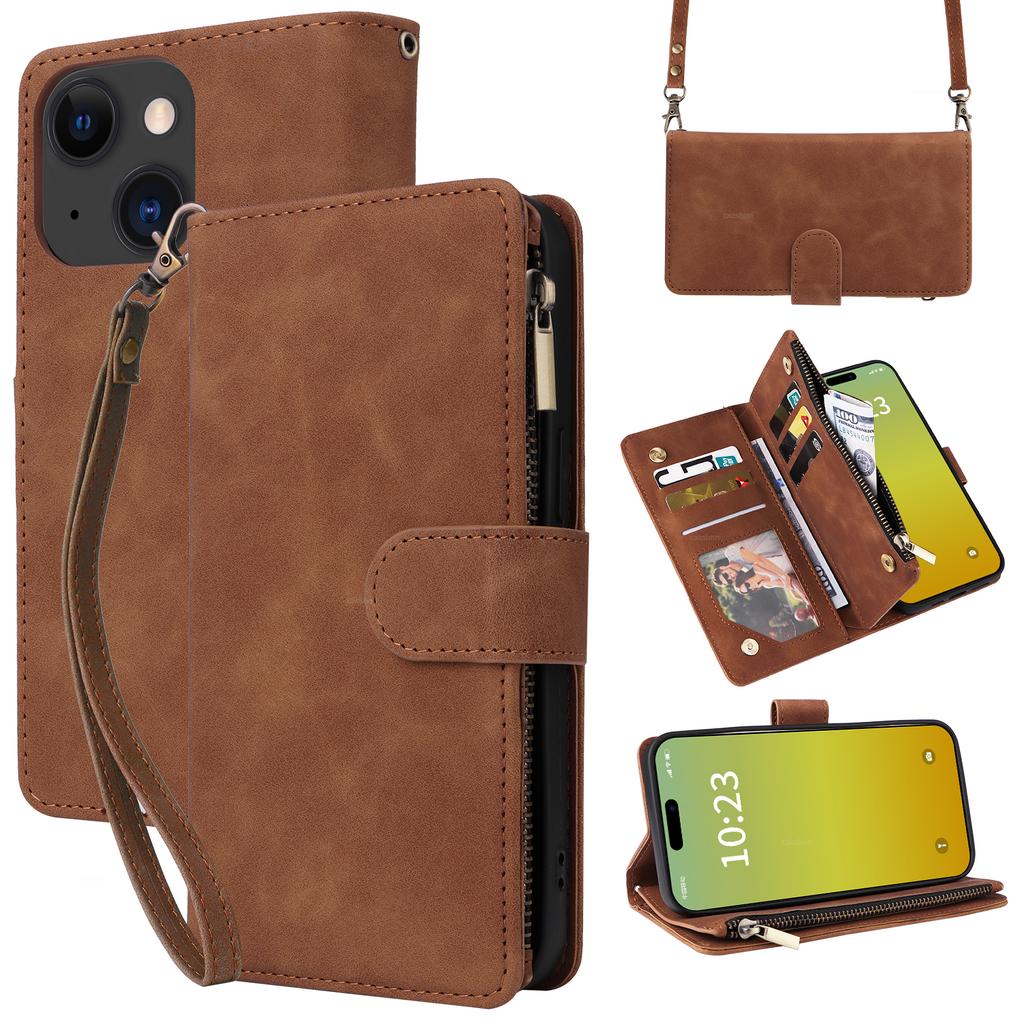 For iPhone 15 Plus Case Zipper Multi-Pocket Wallet Leather Phone Cover with Shoulder and Wrist Straps