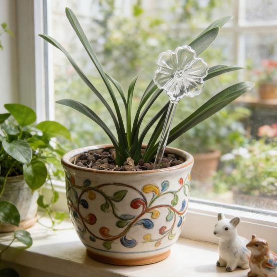 Self Watering Bulb Glass Clear Flower Automatic Plant Watering Bulb Flower Shape Plant Watering Device for Vacation Watering Indoor Outdoor Plants