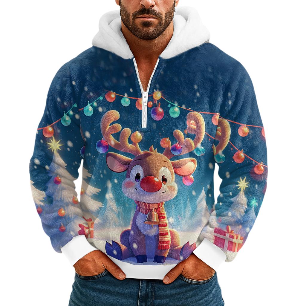 Pánská plyšová mikina s kapucí a polovičním zipem