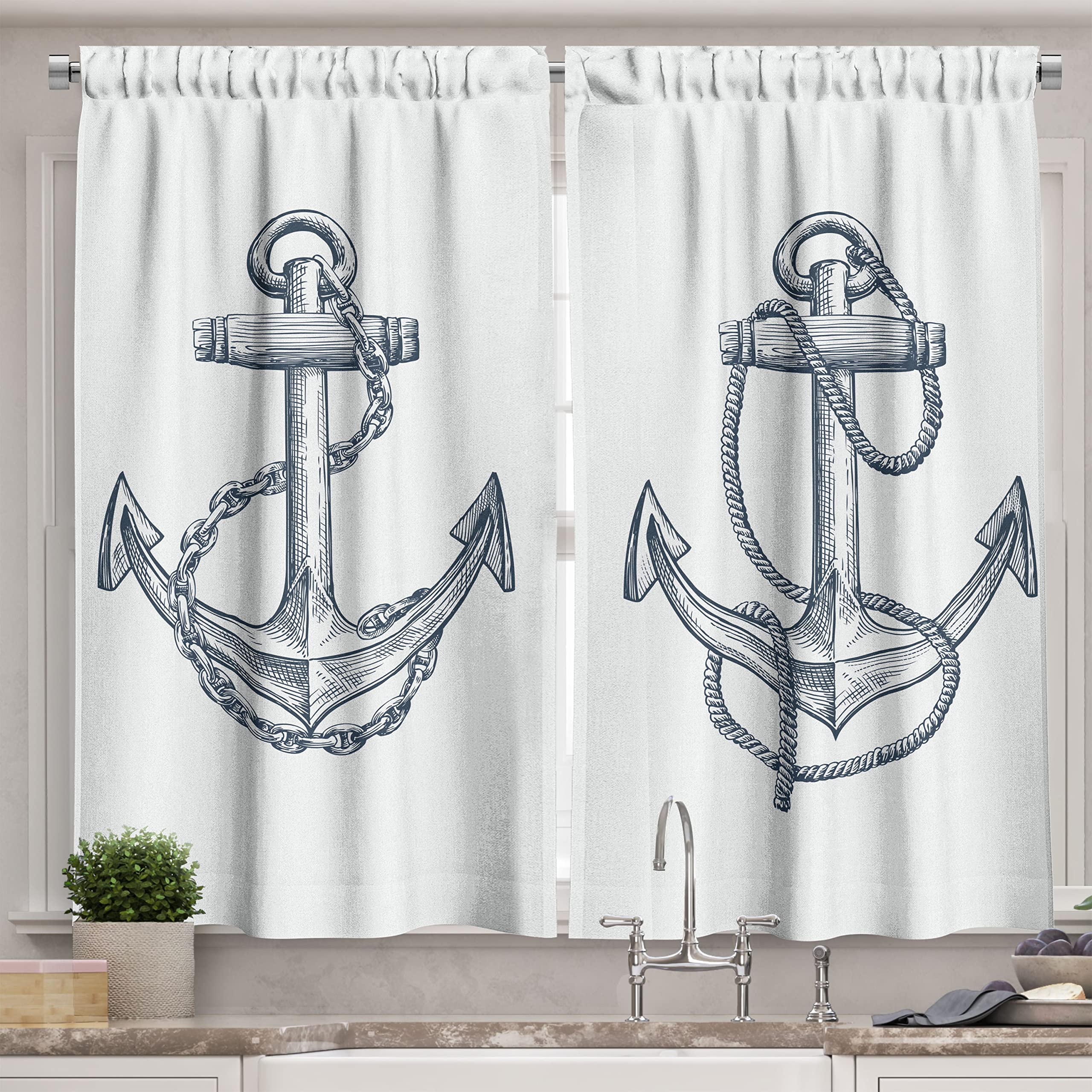 Vintage Anker Vorhänge Nautisches Element Schiff Segeln Reisethema Vorhang Wohnzimmer Jungen Schlafzimmer Fenster Vorhänge 2er Set W55 X H120cm X 2&HOOK