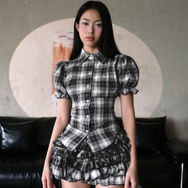 and American Style Cross-Border Plaid Short Top with Lapel, Buttoned Front, Puff Sleeves, Color-Blocking, Ruched Waist, Versatile Short Sleeves