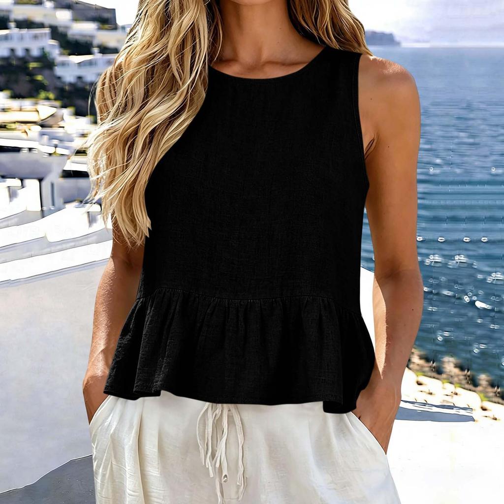 Sleeveless Peplum Hem Tank Top for Women Lightweight Casual Summer Blouse Round Neck Loose Fit Ruffle Bottom Shirt