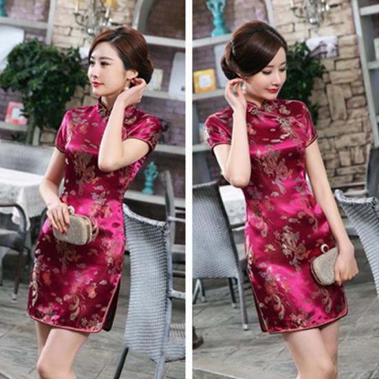 Women Chinese Dragon Phoenix Embroidery High Neck Short Sleeve Split Mini Dress