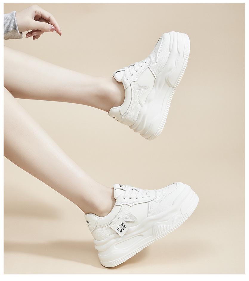 2024 Women's White Genuine Leather Height-Increasing Round Toe Casual Sneakers
