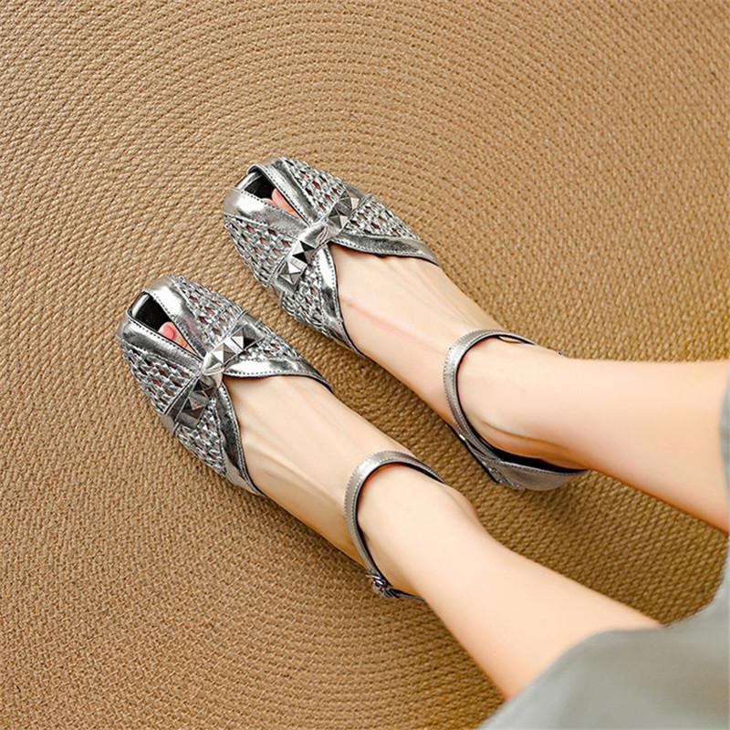 Fashion New Summer Sandals Split Leather Round Toe Sandals for Women Fashion Rivet Fish Mouth Sandals Ladies Shoes Women High Heels