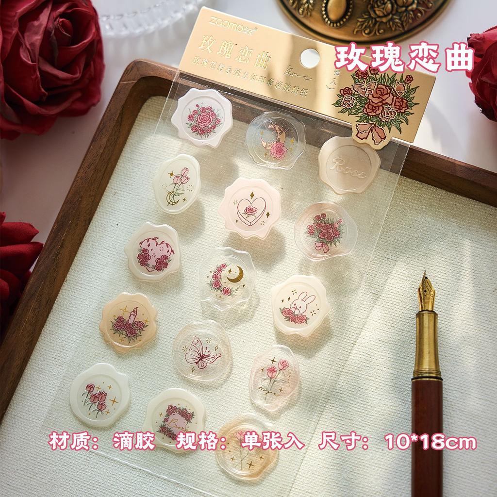 1pc Rose Garden Flat Stickers, Wax Seal Effect Decals, 3D Envelope Sealing Journal Supplies