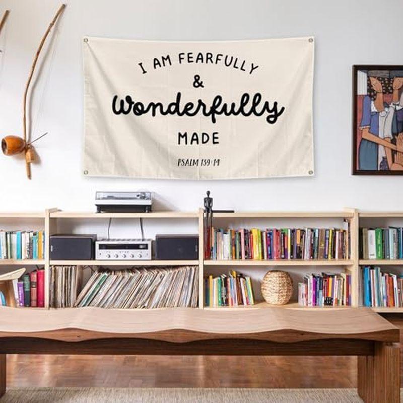 Fearfully Wonderfully Made Psalm Quote Wall Tapestry Beige Black Text Bible Verse Christian Religious Scripture Bedroom