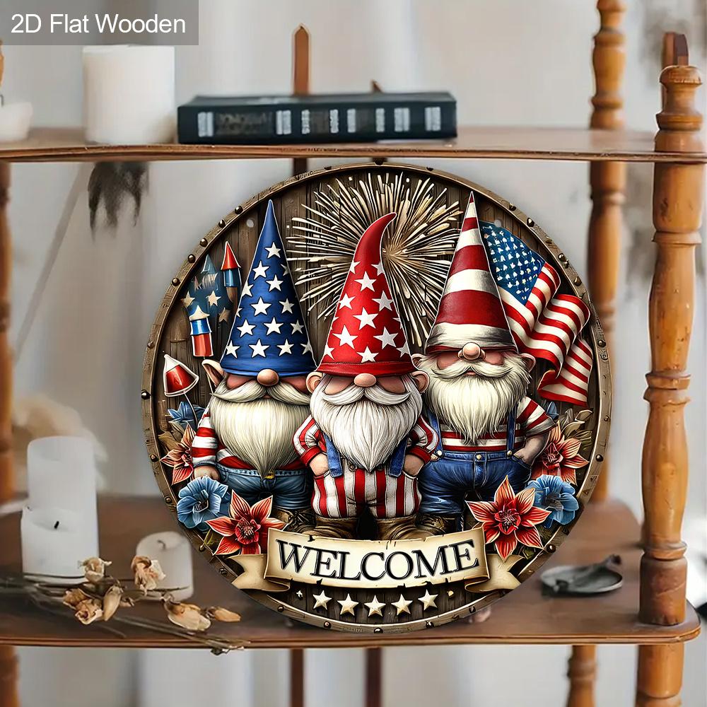 2D Flat 1pc Patriotic Gnome Welcome Wooden Hanging Sign - Red White & Blue USA Themed Rustic Round Door Plaque for Home, Porch - Ideal for 4th of