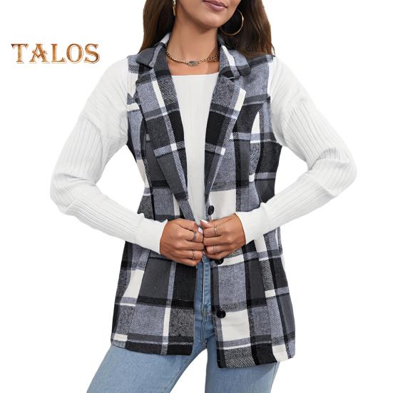 

Осенне-весенний женский жилет, пальто в клетку с отложным воротником, без рукавов, на пуговицах, теплый жилет средней длины в стиле ретро, повседневная куртка XL серый