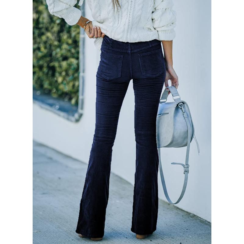 2026 Spring/Summer Women's Solid Color High-Waisted Slim Fit Slight Flare Corduroy Elastic Waist Casual Pants