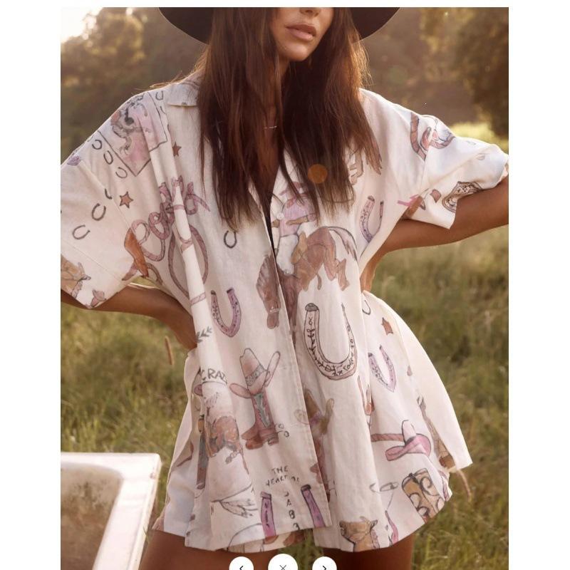Sommar Ny Dam Tryckt Kortärmad Skjorta Set Hög Midja Löst Tryckt Shorts Tvådelat Casual Mångsidigt Set