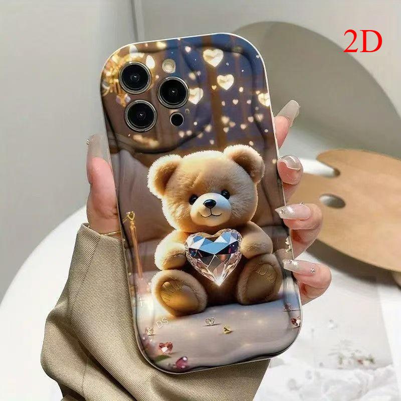 Cute Cartoon Bear Heart 2D Pattern Phone Case For iPhone 11 12 13 14 15 16 17 Pro Max 16e 17e 15 14 Plus Cream Wavy-edge Cover iPhone 16