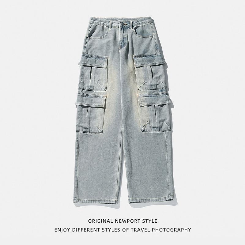 Japanese Style Men's Multi-Pocket Denim Pants Spring Autumn Washed Trousers Loose Casaul Long Pants
