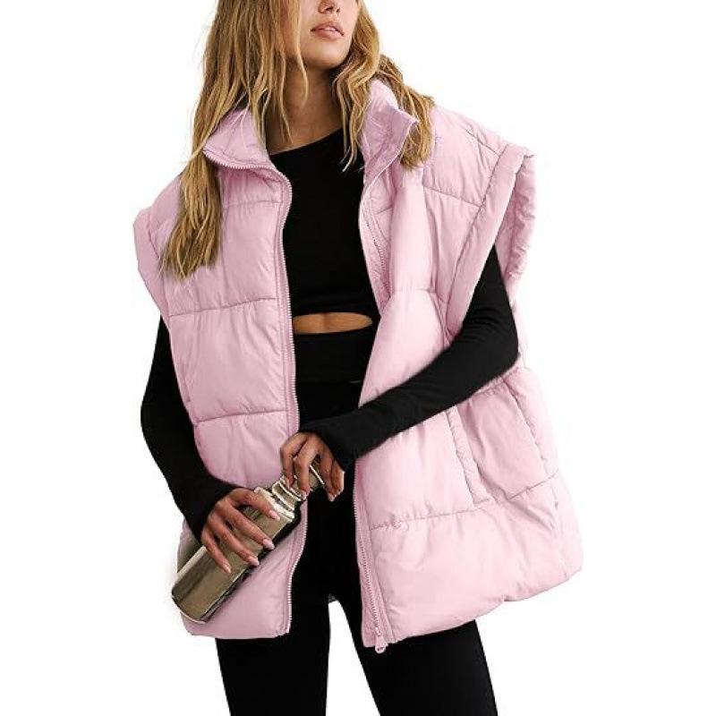 Stylish European & American Women's Solid Color Zipper Pocket Cotton Vest - Stand Collar, Trendy Commuting Jacket