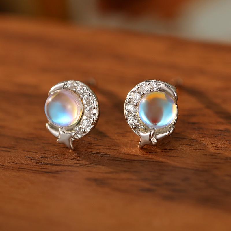 Boucles d'oreilles en argent S925 Pierre de lune pour femmes – Design étoile et lune