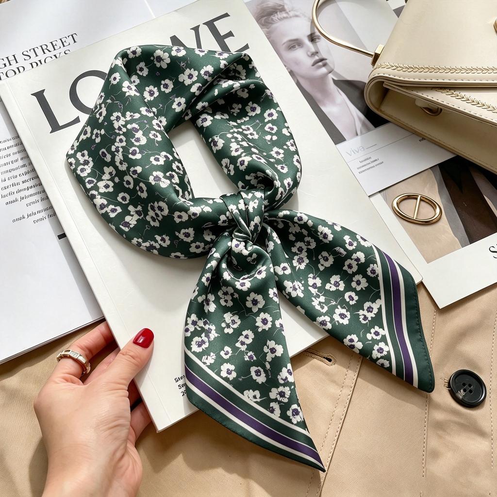 Commuter elegant flower silk scarf women's contrasting color retro printing satin scarf shirt with multi-purpose decorative small scarf