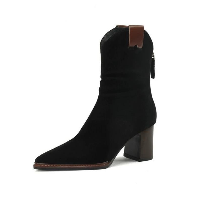 Fashion Suede Low Heel Ankle Boots Chunky Western Cowboy Boots for Ladies Wrinkles Pointed Retro Knights Short Boot Chelsea Boots