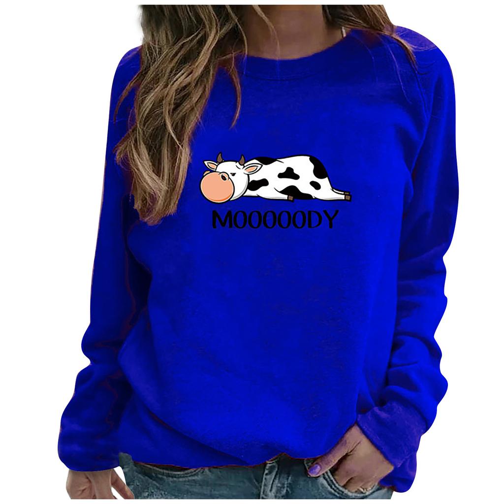 Women's Fashion Cow Printed O- Neck Long Sleeve Loosen Sweatershirt Top