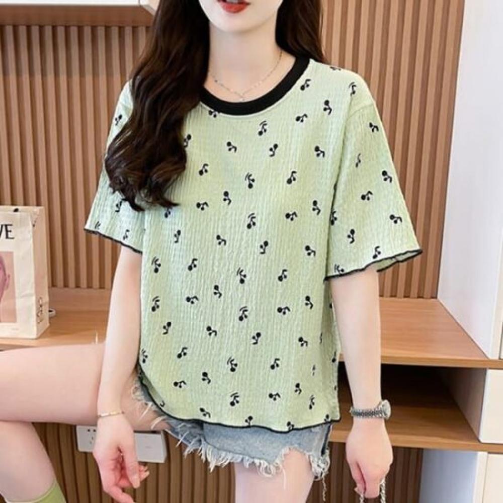 Navava Women Seersucker Cherry PaTTern ShorT Sleeve T shirT nT2655