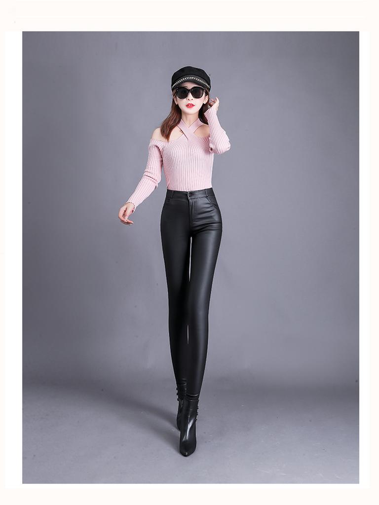 Matte Leather Pants Women Winter Fleece High Waist Leggings for Outerwear Small Feet Bottoms Women