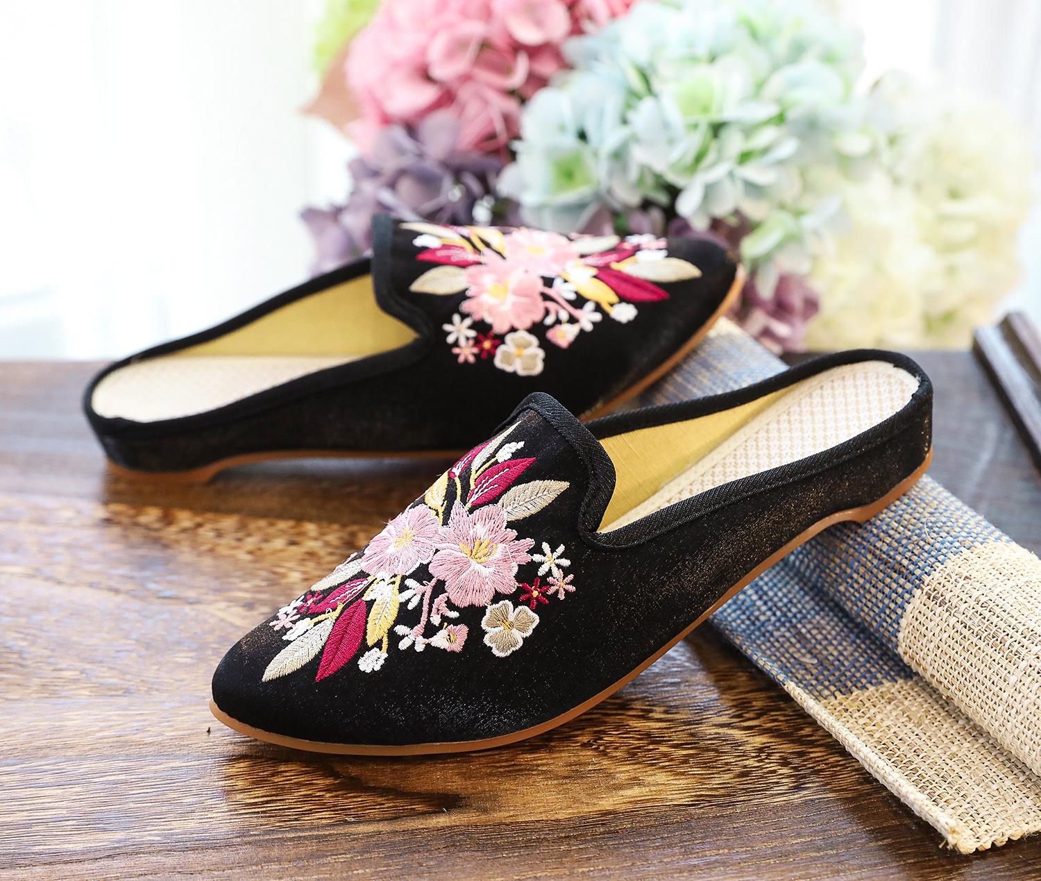 

Тапочки, туфли-лодочки, хлопковые туфли, туфли с острым носком, туфли Мюли, модные женские туфли в этническом стиле, вышитые тканевые туфли 40