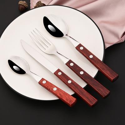 4-teiliges Besteck-Set mit Holzgriff, Edelstahl-Geschirr, Steakmesser, Gabel, Löffel, Besteck, Western-Besteck