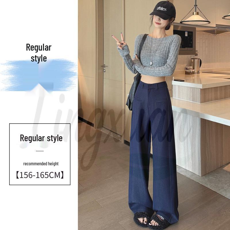 

Women s Dark Blue Soft Denim High Waist Wide-Leg Pants, Bamboo Joint Style, Autumn 2026 Collection. Small