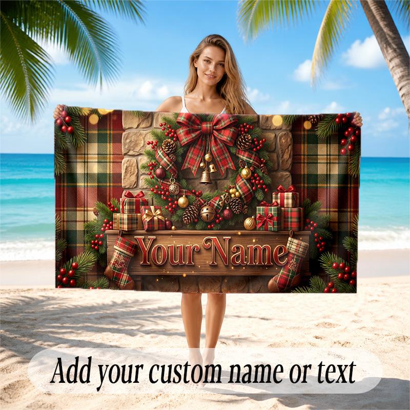 Christmas Theme Quick Dry Beach Towel Custom Name Text Print Large Sand Resistant Towel Beach Vacation