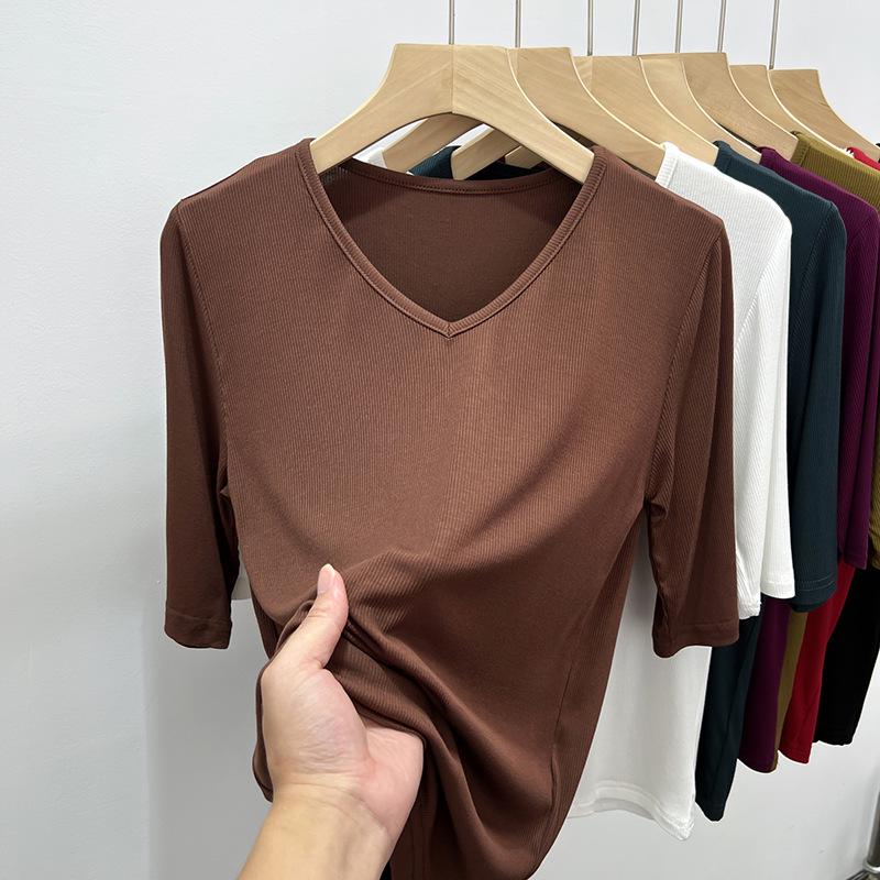 Women's Black V-Neck Three-Quarter Sleeve Loose Fit T-Shirt, 2025 Collection